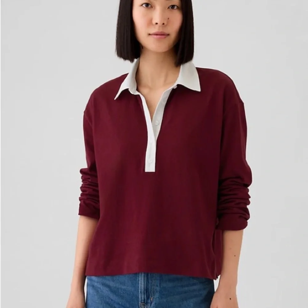 GAP Burgundy Cropped Rugby Polo Shirt White Collar Preppy Fall Top Small - Picture 3 of 9